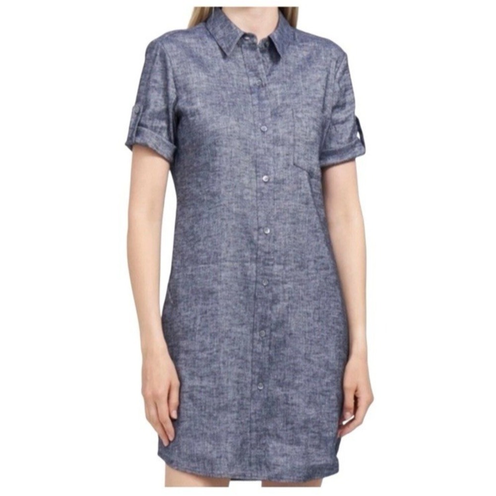 Theory Mayvine Linen Blend Shirt Dress Blue‎ Chambray Button Front Sz 2